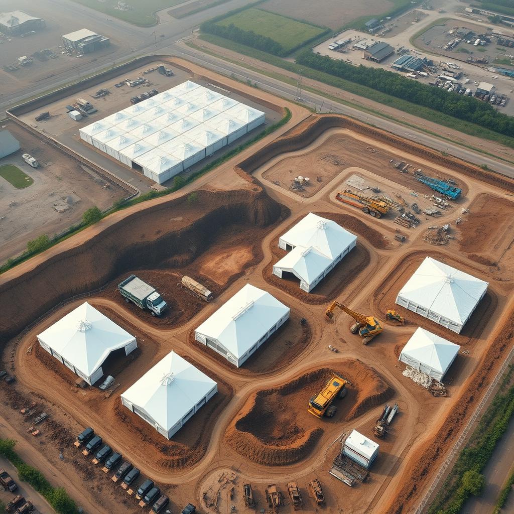 Environmental remediation site with containment tents, excavation equipment, and decontamination zones