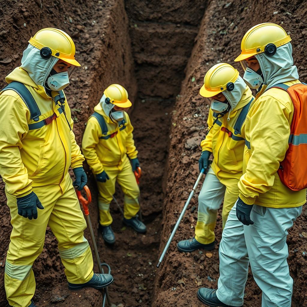 Environmental remediation contractors in Level B PPE working at a contaminated soil excavation site